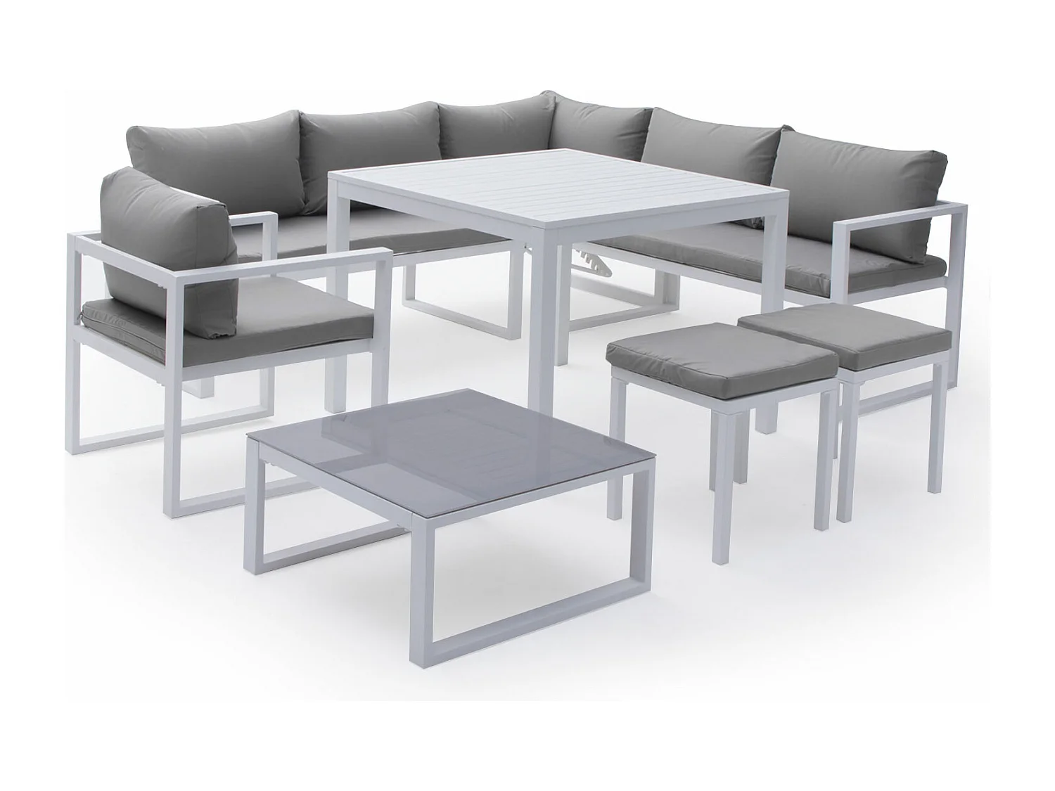 Salon de jardin modulable IBIZA en tissu gris 7 places - aluminium blanc - HAPPY GARDEN