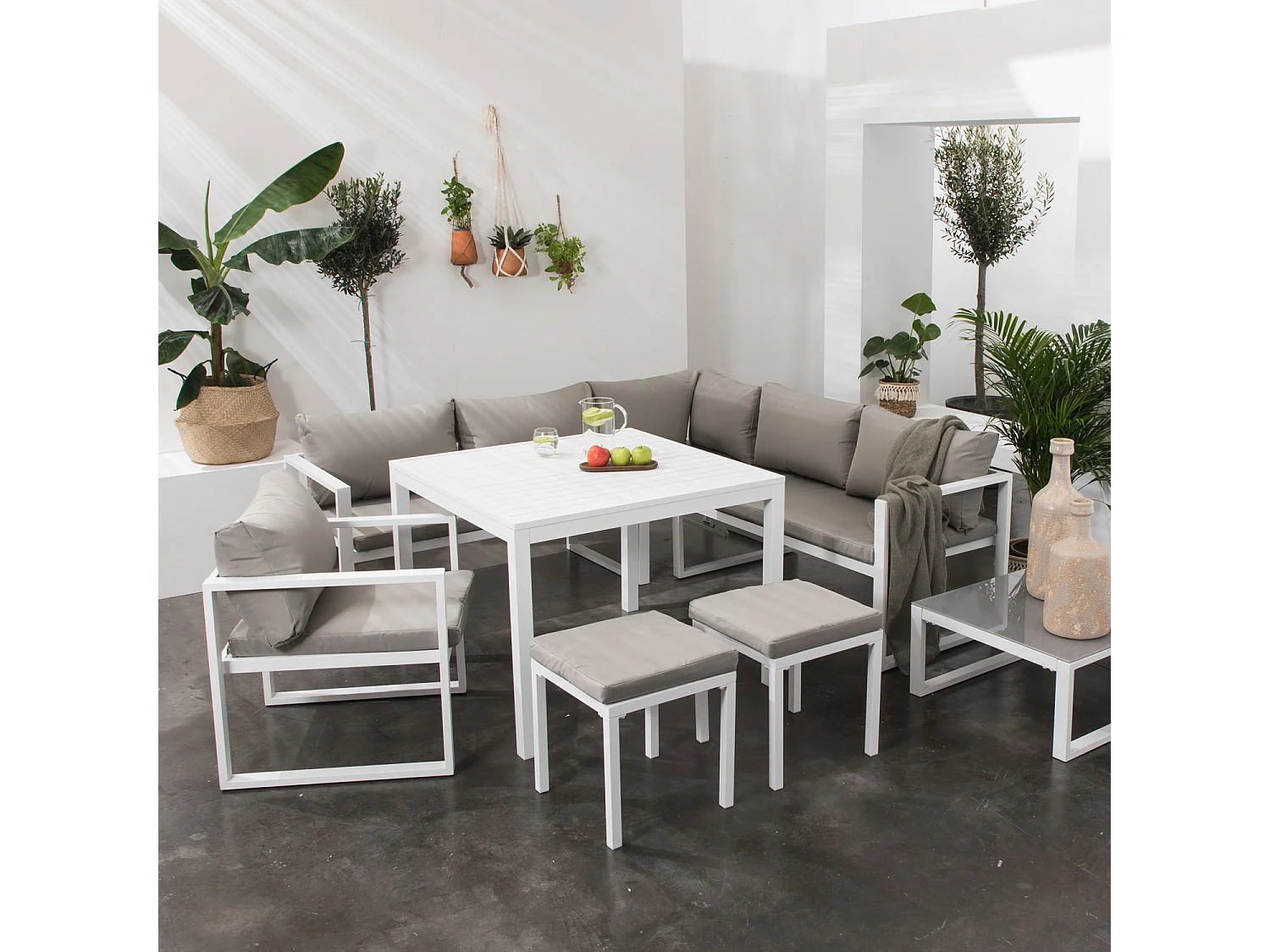 Salon de jardin modulable IBIZA en tissu gris 7 places - aluminium blanc - HAPPY GARDEN