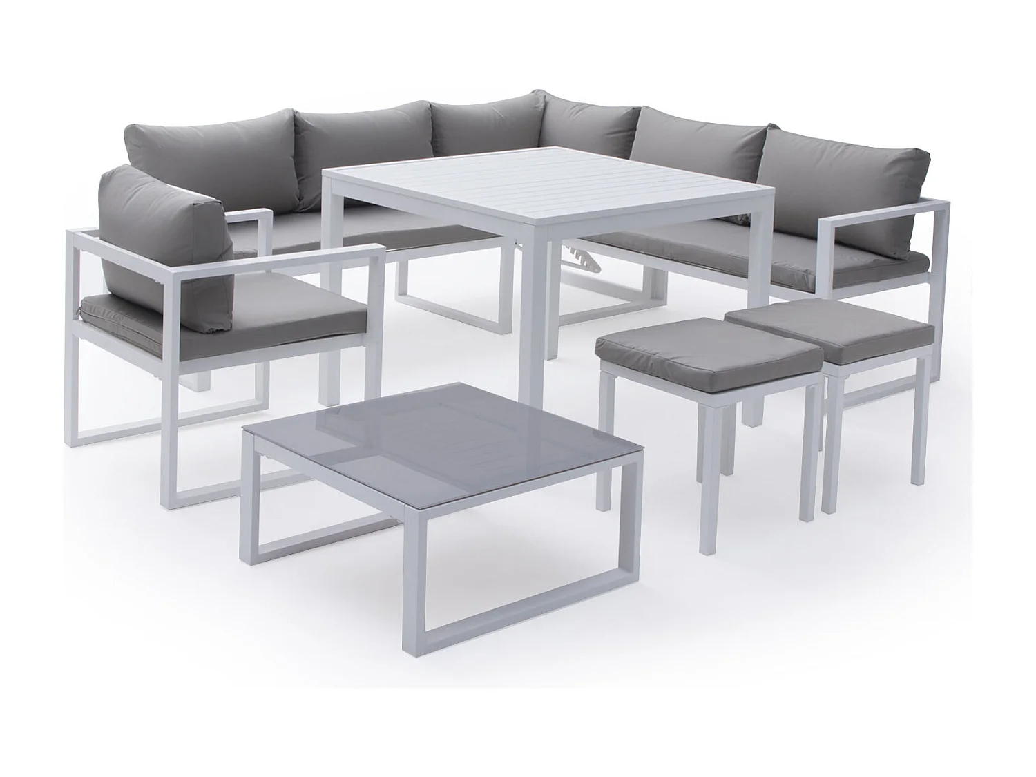 Conjunto de jardín ajustable IBIZA tela gris 7 plazas aluminio blanco