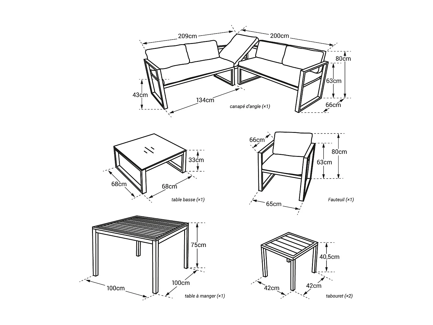 Conjunto de jardín ajustable IBIZA tela gris 7 plazas aluminio blanco