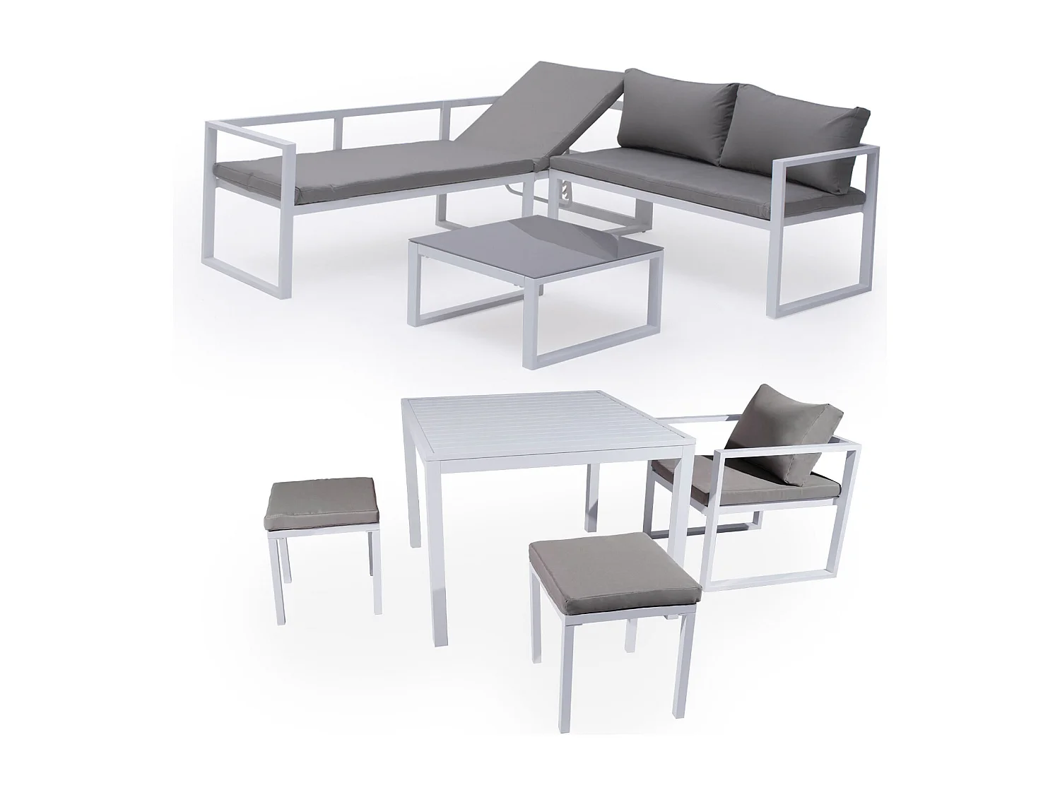 Salon de jardin modulable IBIZA en tissu gris 7 places - aluminium blanc - HAPPY GARDEN