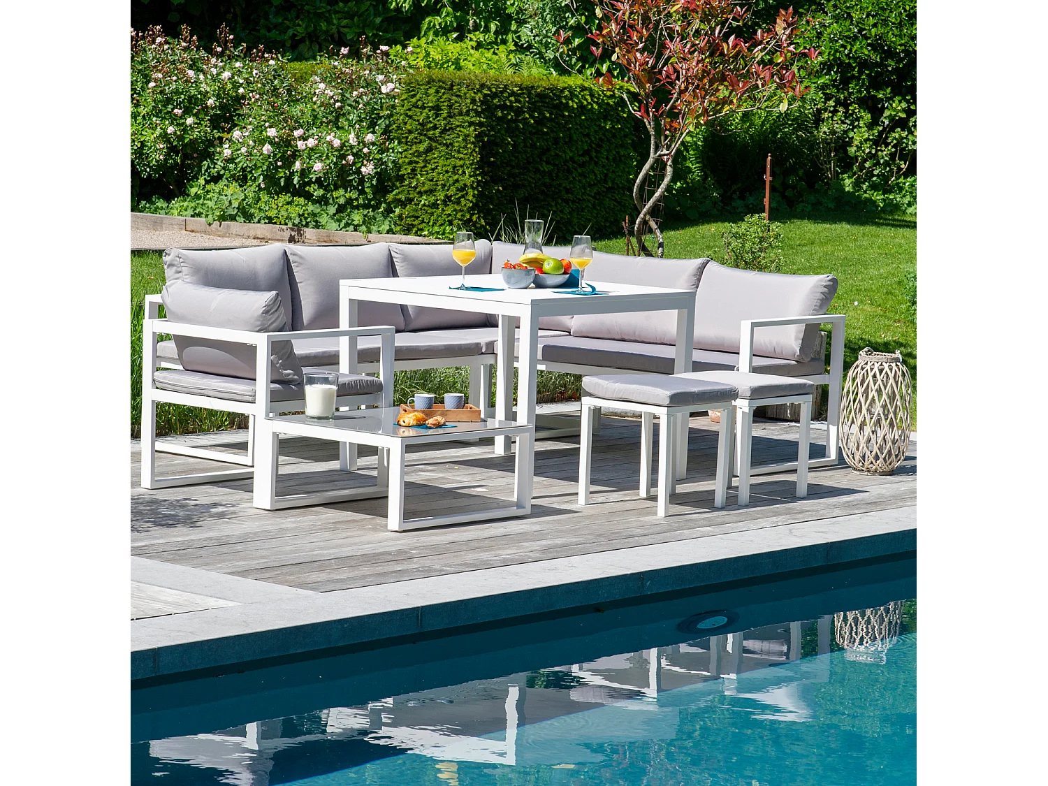 Salon de jardin modulable IBIZA en tissu gris 7 places - aluminium blanc - HAPPY GARDEN