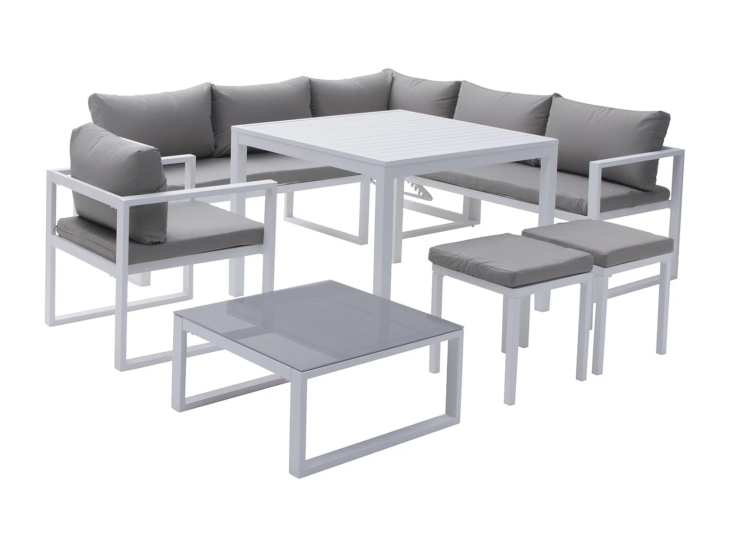 Salon de jardin modulable IBIZA en tissu gris 7 places - aluminium blanc - HAPPY GARDEN
