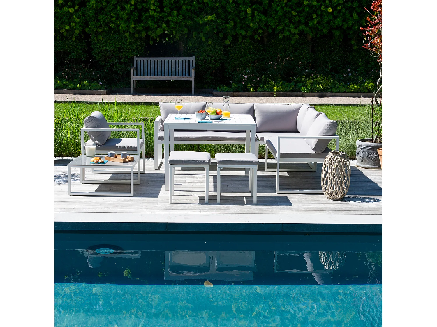 Salon de jardin modulable IBIZA en tissu gris 7 places - aluminium blanc - HAPPY GARDEN