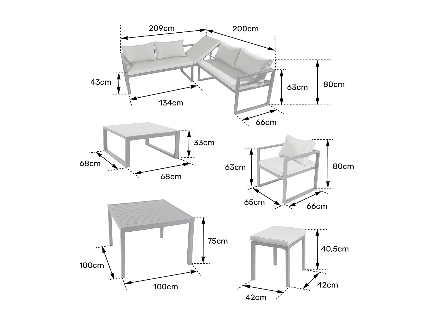 Salon de jardin modulable IBIZA en tissu gris 7 places - aluminium blanc - HAPPY GARDEN