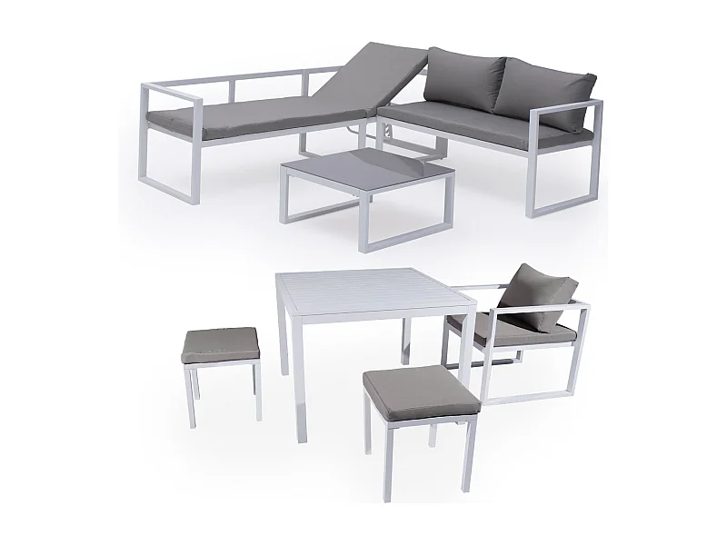Salon de jardin modulable IBIZA en tissu gris 7 places - aluminium blanc - HAPPY GARDEN