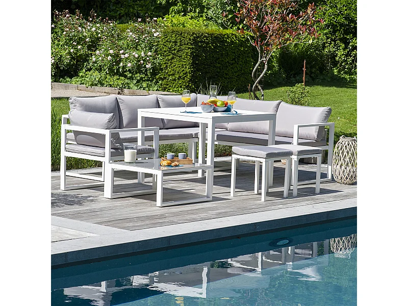 Conjunto de jardín ajustable IBIZA tela gris 7 plazas aluminio blanco