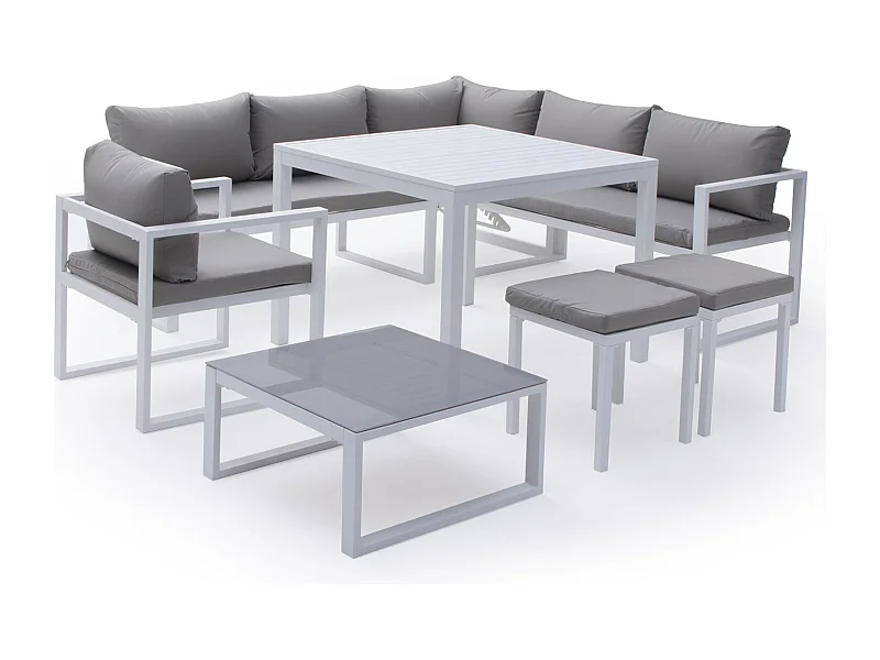 Salon de jardin modulable IBIZA en tissu gris 7 places - aluminium blanc - HAPPY GARDEN