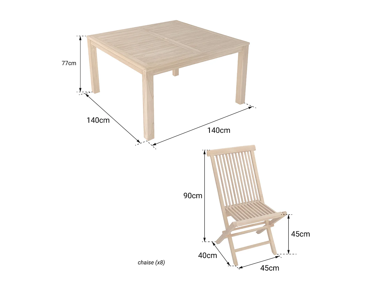 Teakhouten tuinmeubelen JAVA - vierkante tafel en klapstoelen - 8 zitplaatsen
