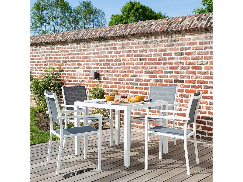 Salon de jardin BERGAMO en textilène gris 4 places - aluminium blanc - HAPPY GARDEN