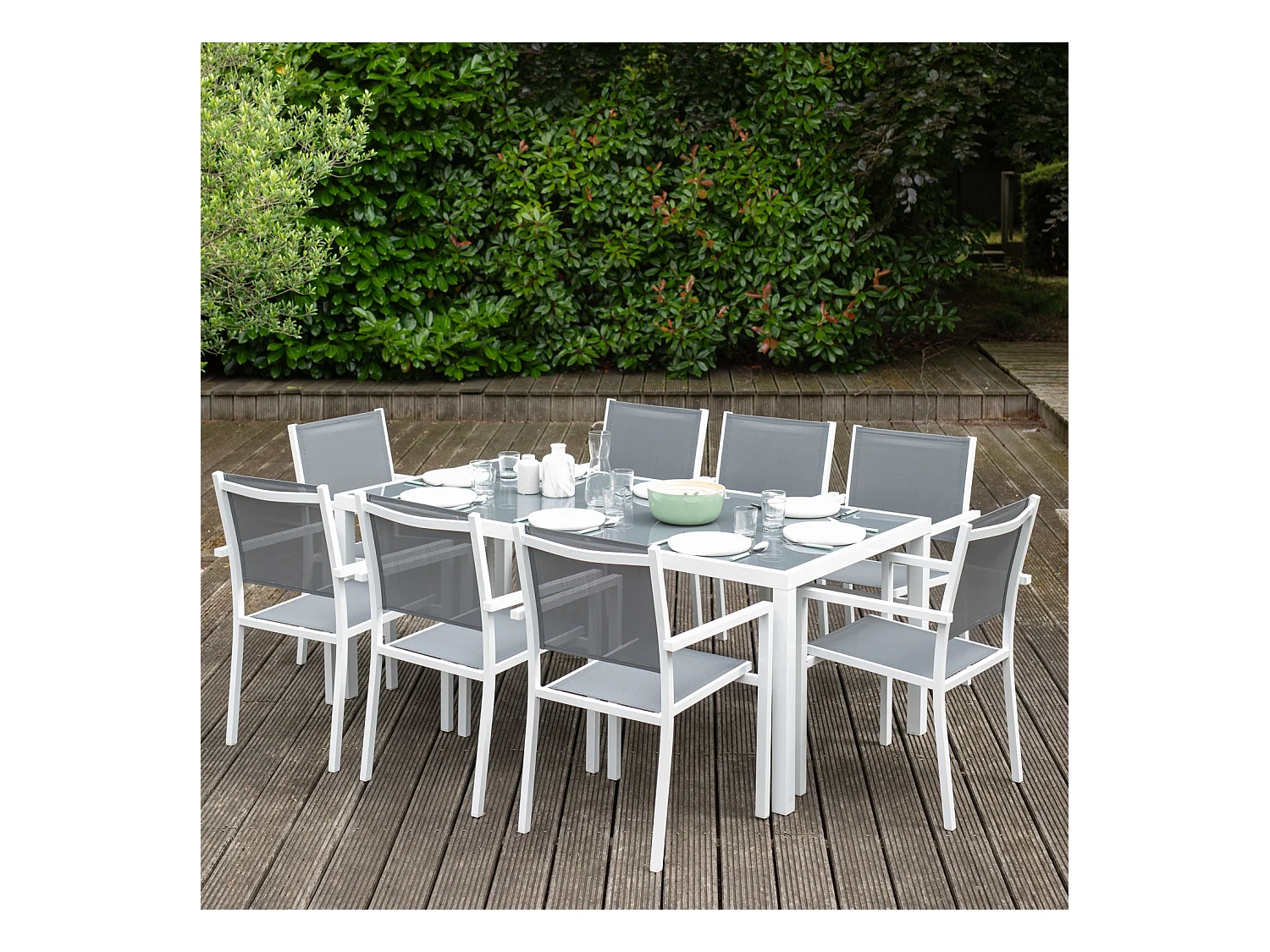 Salon de jardin BARI en textilène gris 8 places - aluminium blanc - HAPPY GARDEN
