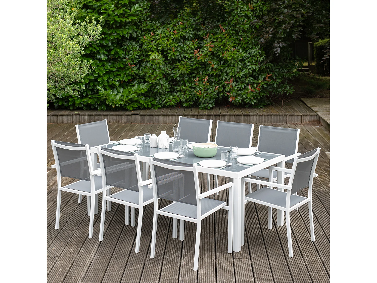 Salon de jardin BARI en textilène gris 8 places - aluminium blanc - HAPPY GARDEN