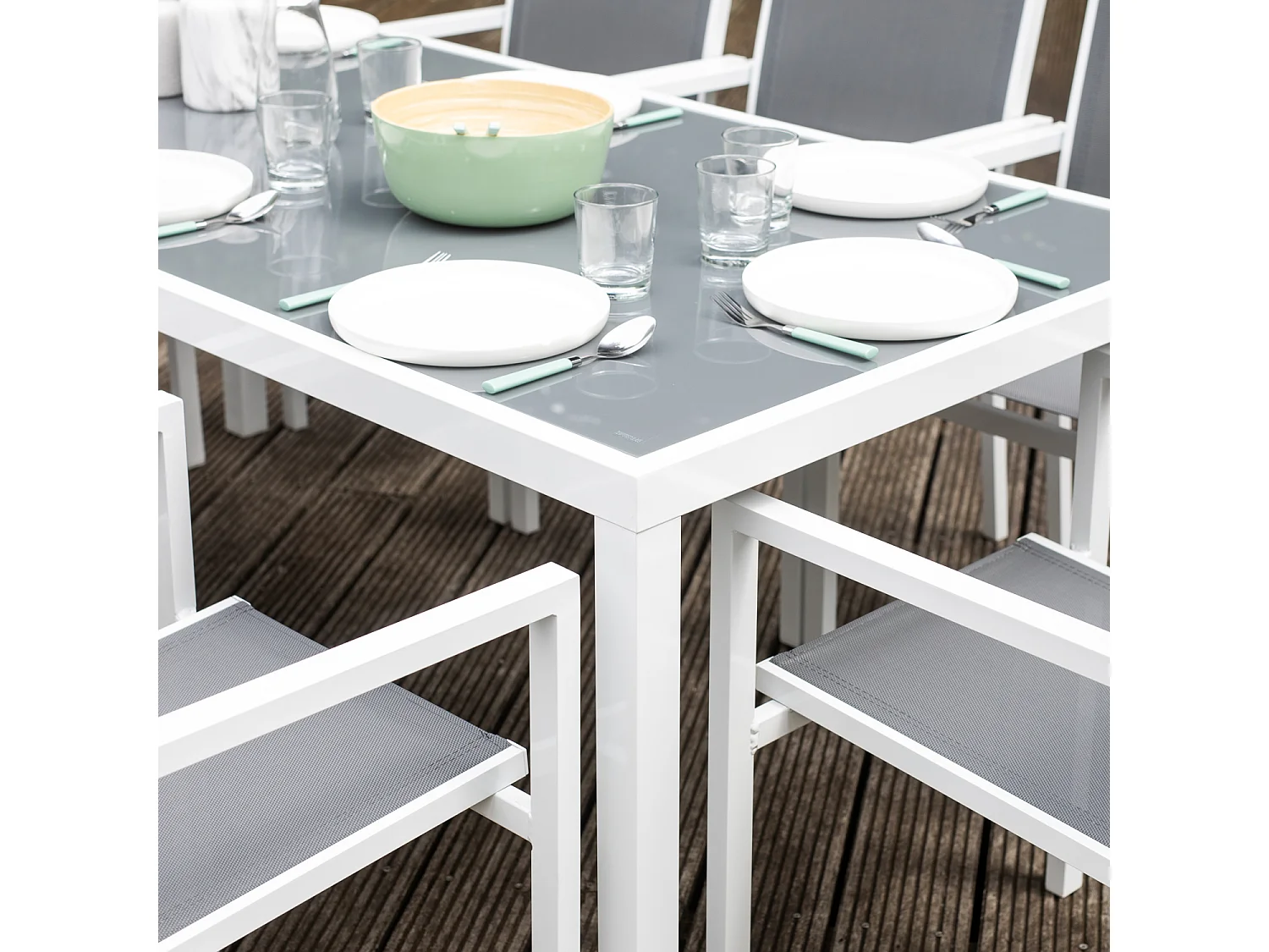 Salon de jardin BARI en textilène gris 8 places - aluminium blanc - HAPPY GARDEN