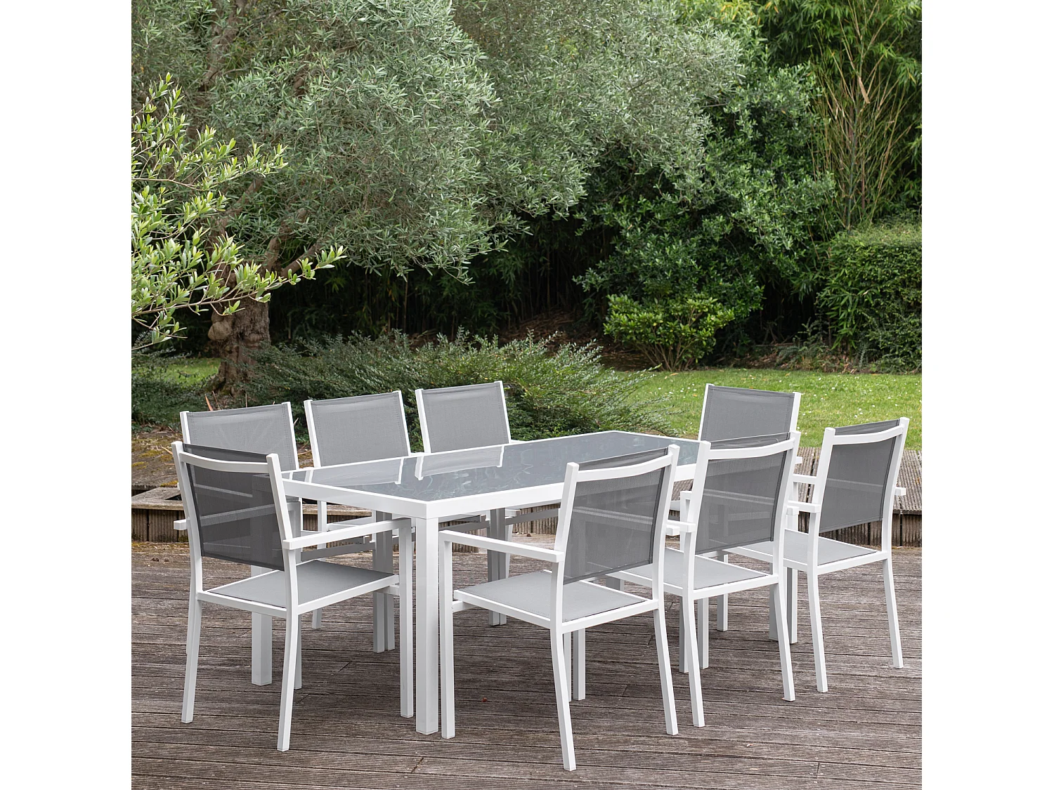 Salon de jardin BARI en textilène gris 8 places - aluminium blanc - HAPPY GARDEN