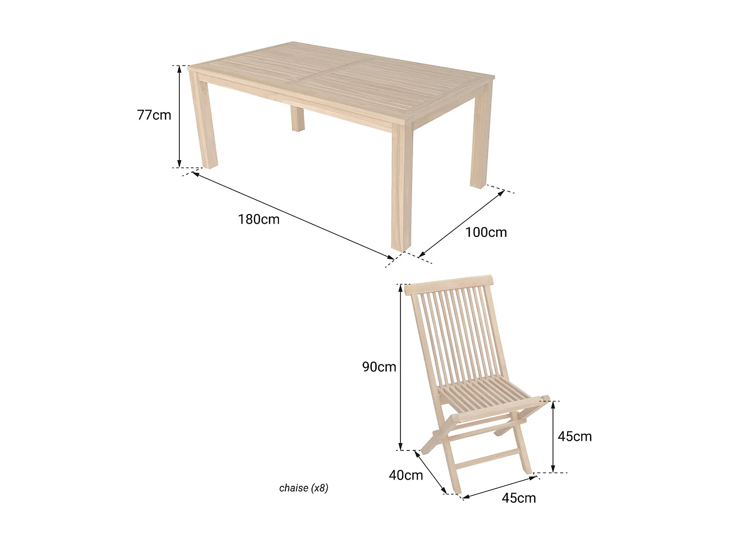 Teakhouten tuinmeubelen JAVA - rechthoekige tafel en klapstoelen - 8 zitplaatsen