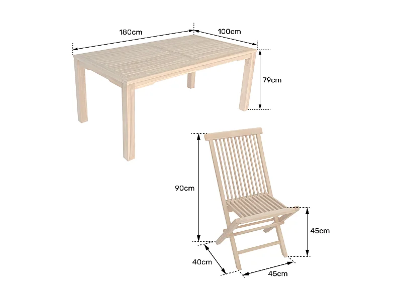 Teakhouten tuinmeubelen JAVA - rechthoekige tafel en klapstoelen - 8 zitplaatsen