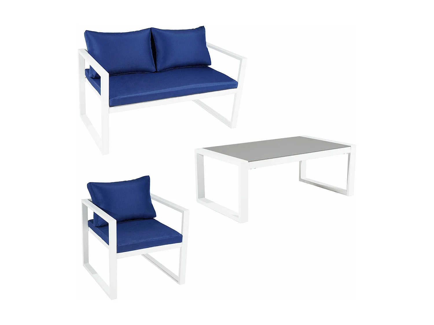 Salon de jardin IBIZA en tissu bleu 4 places - aluminium blanc - HAPPY GARDEN