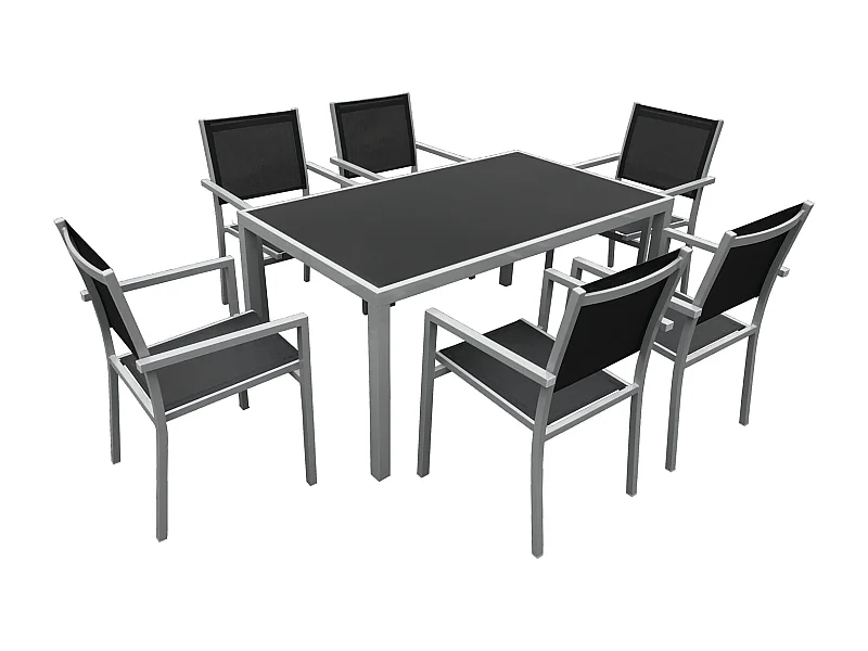 Salon de jardin BERGAMO en textilène noir 6 places - aluminium gris - HAPPY GARDEN