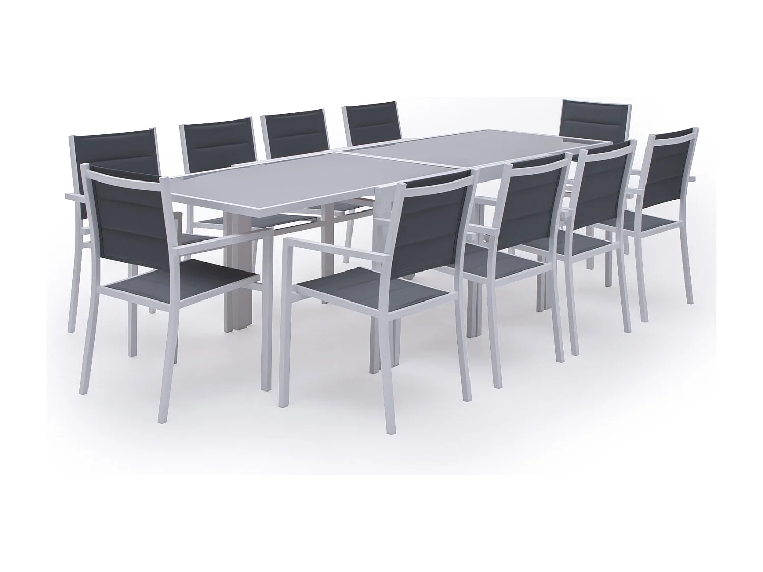 Salon de jardin LAMPEDUSA extensible en textilène gris 10 places - aluminium blanc - HAPPY GARDEN