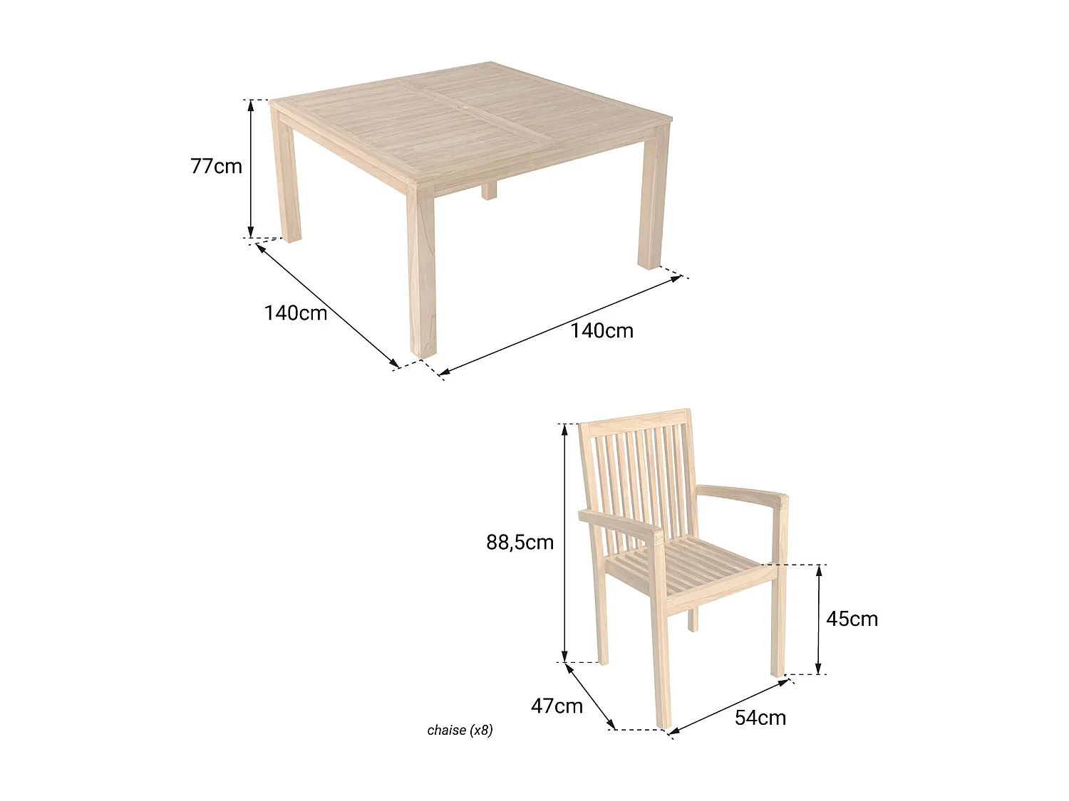 Teak tuinmeubelen JAVA - vierkante tafel - 8 zitplaatsen