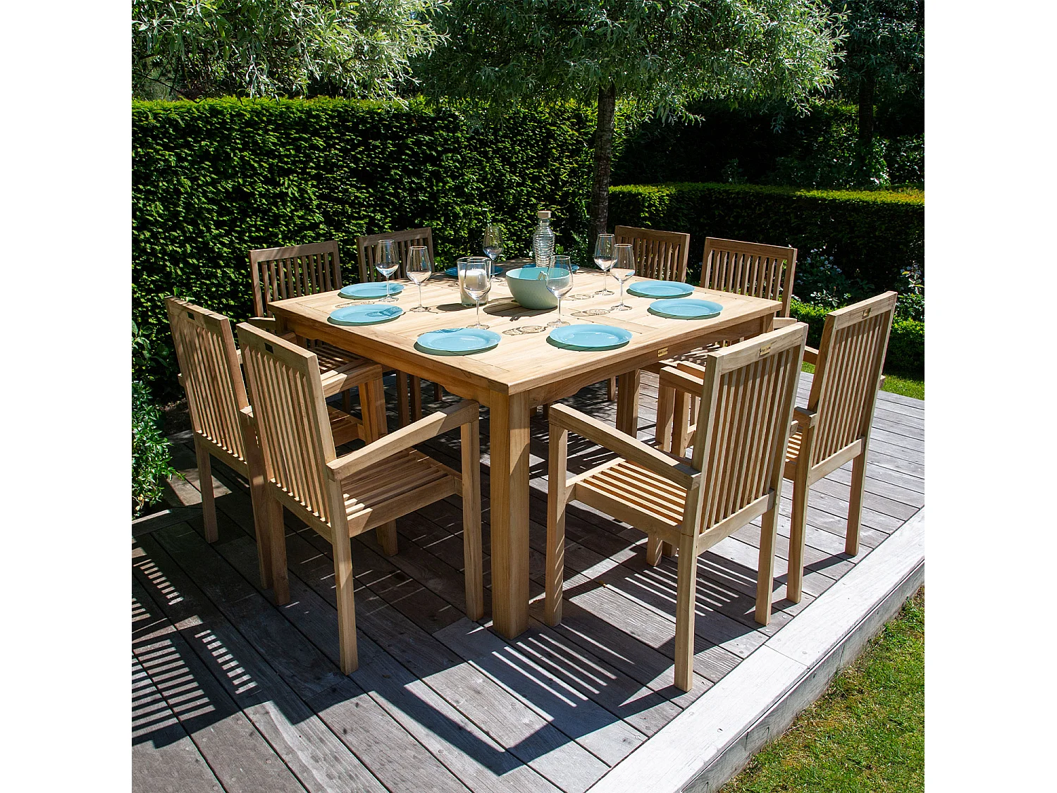 Salon de jardin en teck JAVA - table carrée - 8 places - HAPPY GARDEN