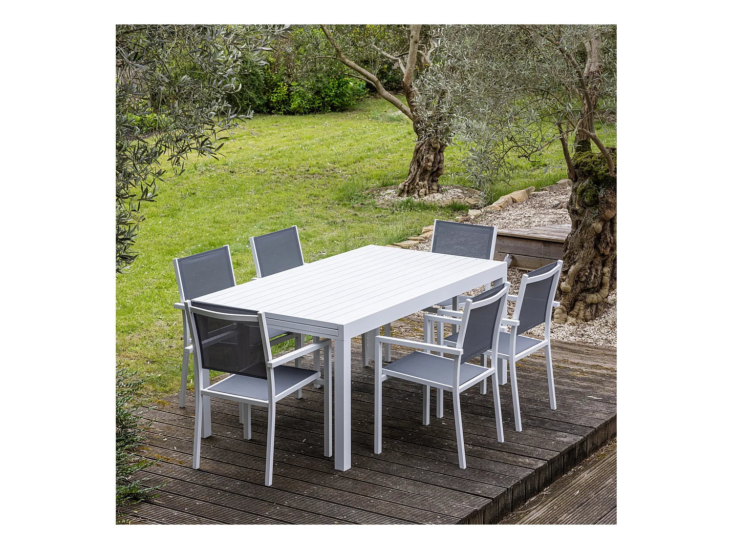 Salon de jardin extensible 10 places de 180/300cm en textilène gris - aluminium blanc VENEZIA - HAPPY GARDEN