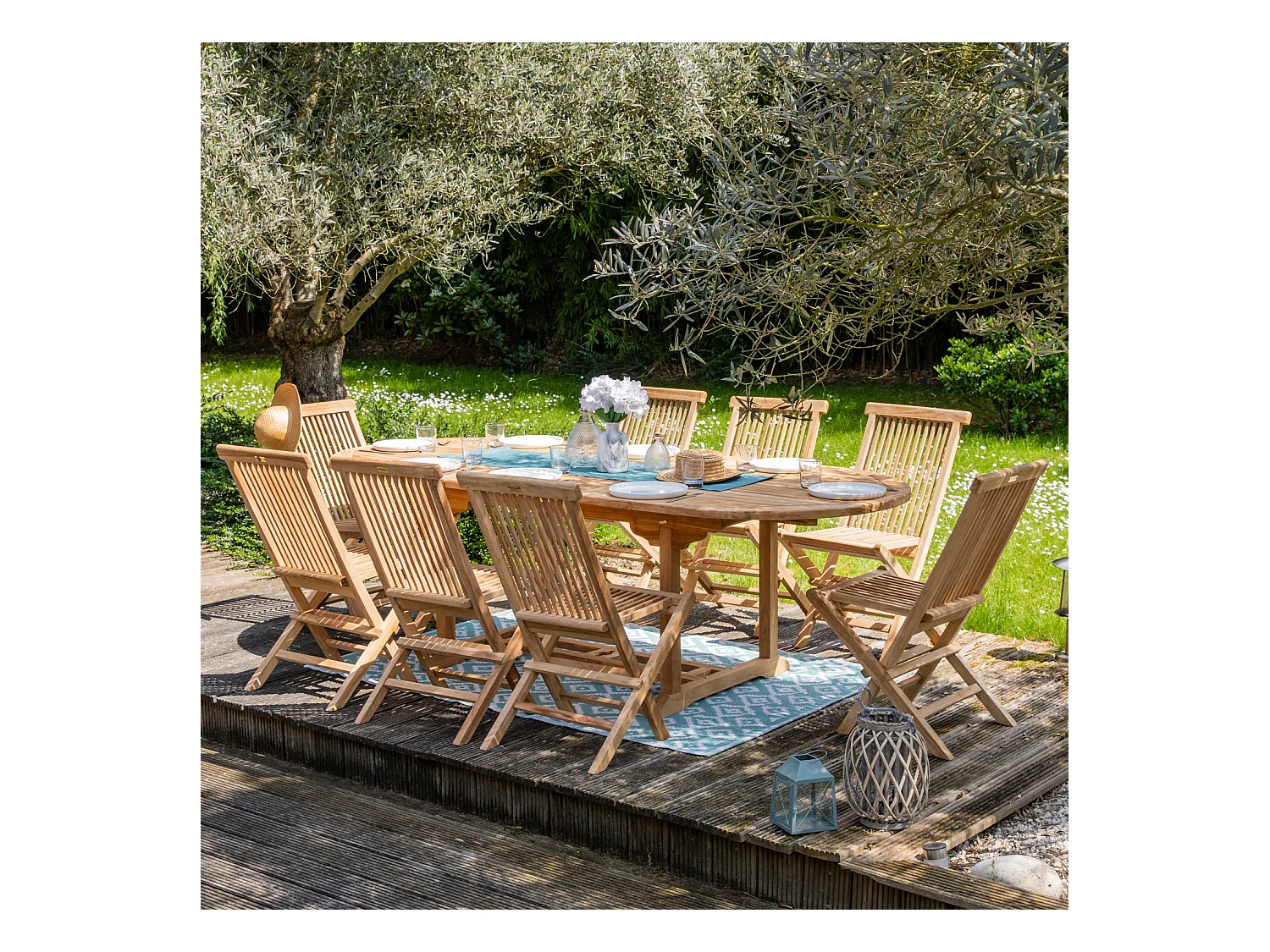 Salon de jardin en teck LOMBOK - table ovale extensible - 8 places - HAPPY GARDEN