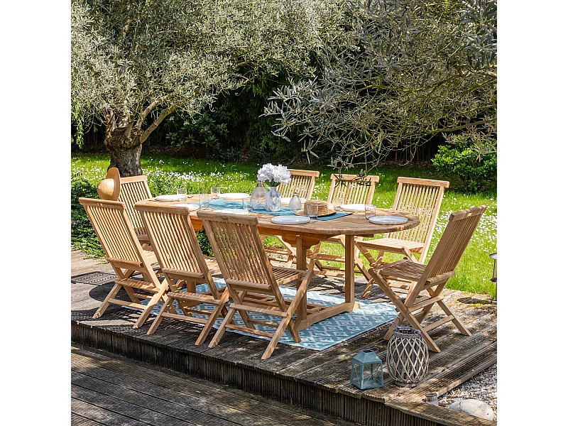 Salon de jardin en teck LOMBOK - table ovale extensible - 8 places - HAPPY GARDEN
