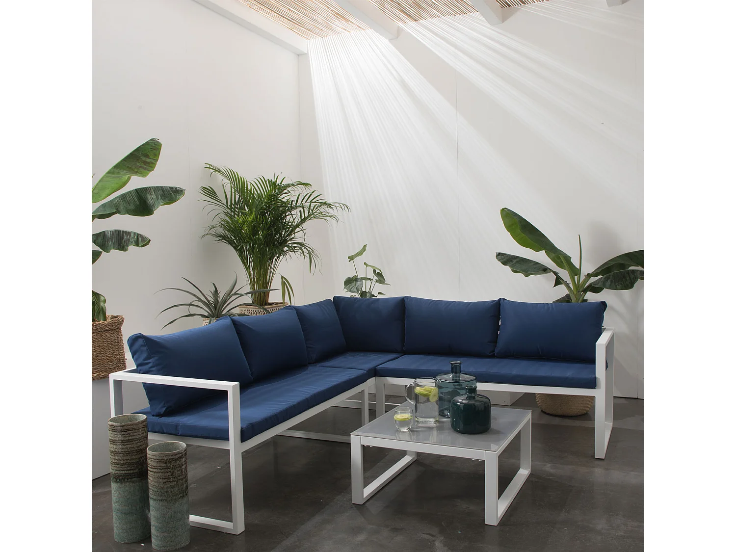 IBIZA modulaire tuinset in blauwe stof 4 zitplaatsen - wit aluminium