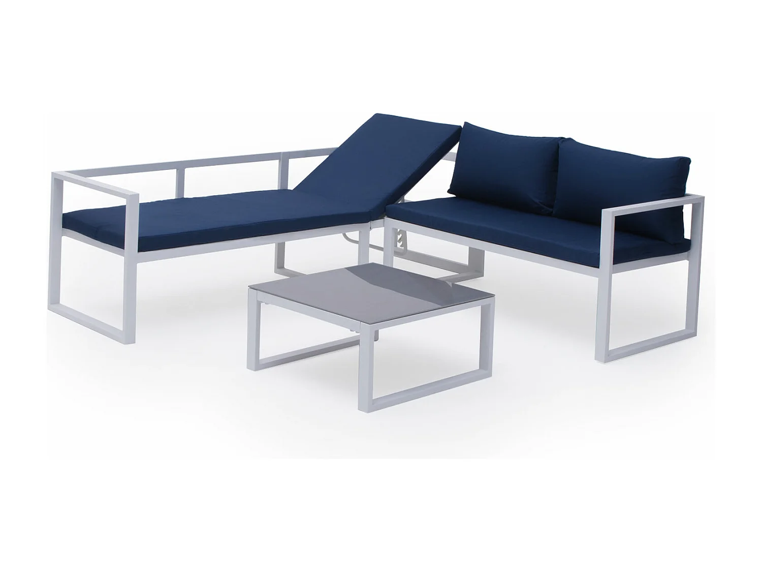 Salon de jardin modulable IBIZA en tissu bleu 4 places - aluminium blanc - HAPPY GARDEN