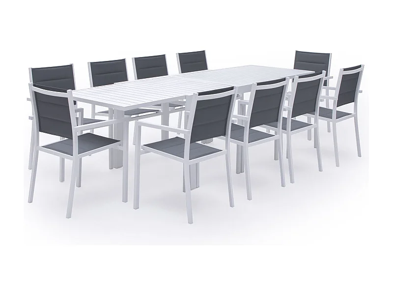 Salon de jardin VENEZIA extensible en textilène gris 10 places - aluminium blanc - HAPPY GARDEN