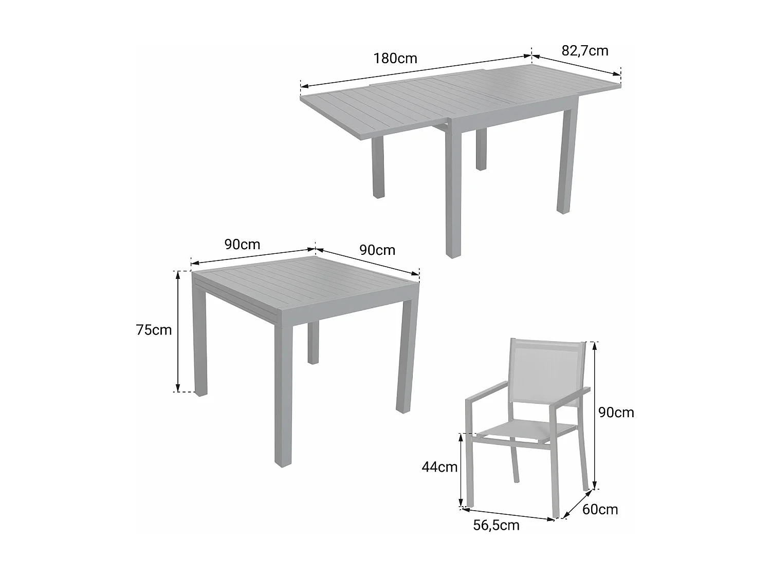 VENEZIA Uitschuifbare tuinset grijs textilene 90/180 - wit aluminium