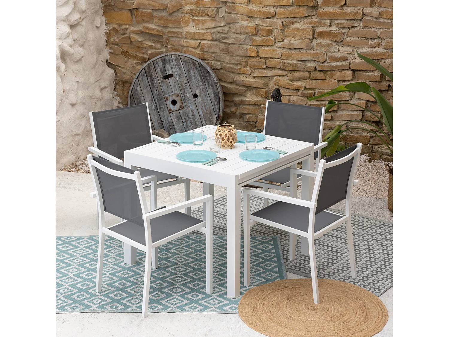 Salon de jardin VENEZIA extensible 90/180 en textilène gris 8 places - aluminium blanc - HAPPY GARDEN