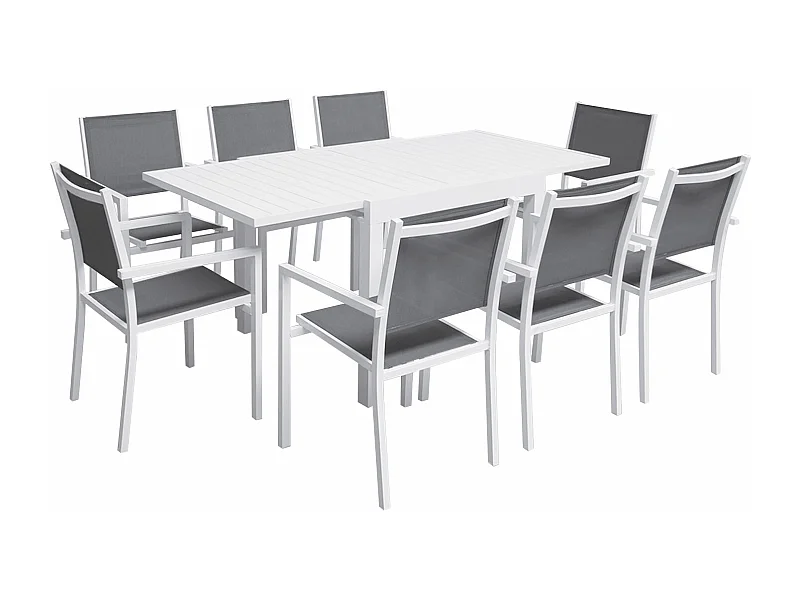 Salon de jardin VENEZIA extensible 90/180 en textilène gris 8 places - aluminium blanc - HAPPY GARDEN