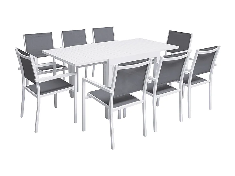 Salon de jardin VENEZIA extensible 90/180 en textilène gris 8 places - aluminium blanc - HAPPY GARDEN