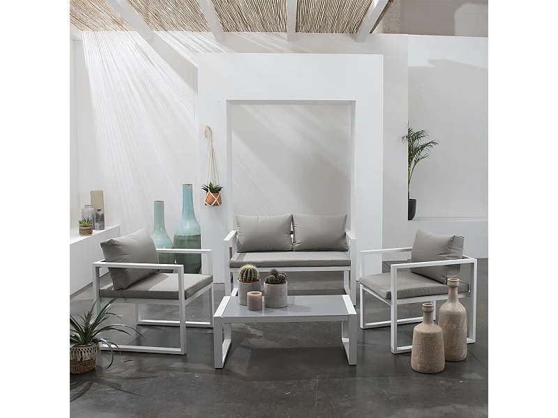 Conjunto de mobiliário de jardim IBIZA em tecido cinzento 4 lugares - alumínio branco