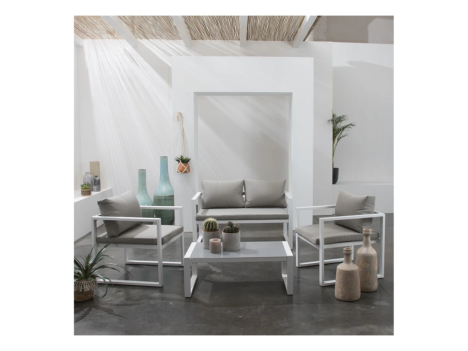 Salon de jardin IBIZA en tissu gris 4 places - aluminium blanc - HAPPY GARDEN