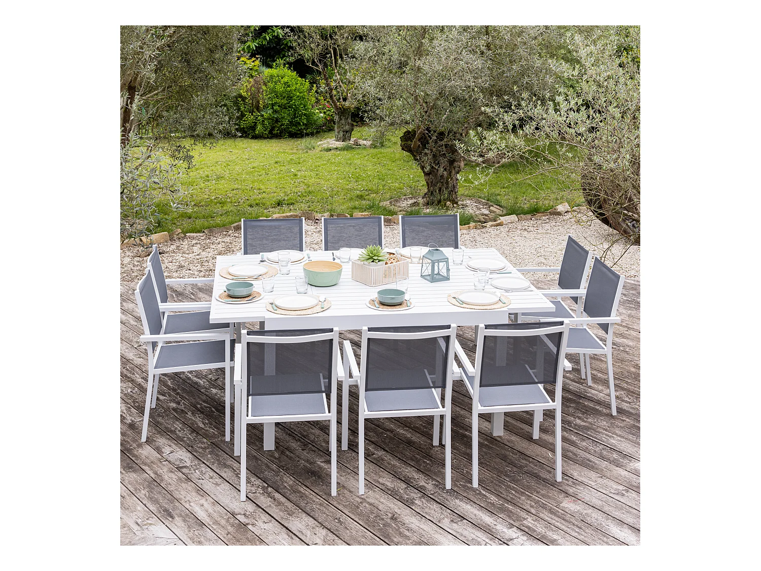 VENEZIA grijs textilene uittrekbare tuinset 140/200 - wit aluminium
