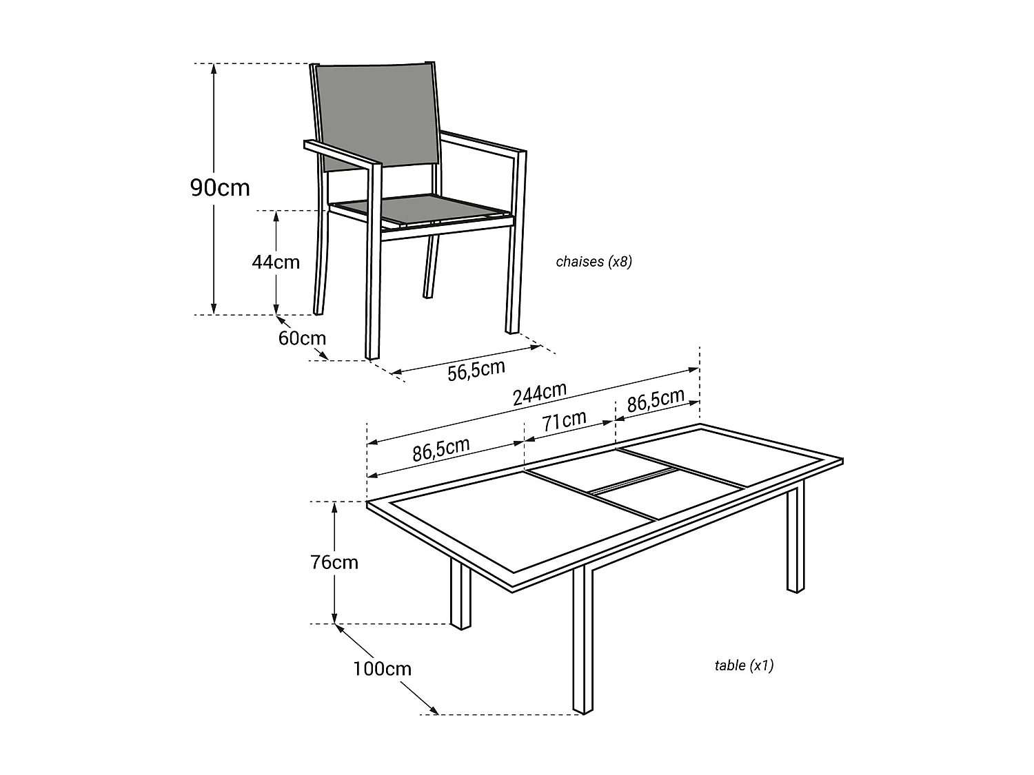 CAPRI uitschuifbaar zwart textilene tuinset 8 zitplaatsen - grijs aluminium