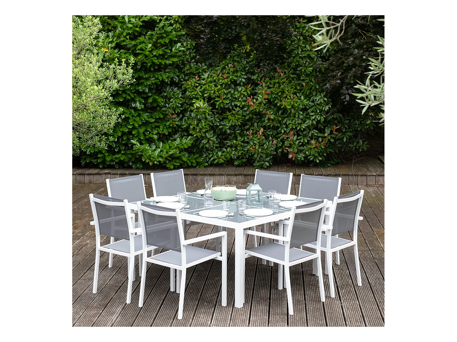 Salon de jardin CAGLIARI en textilène gris 8 places - aluminium blanc - HAPPY GARDEN