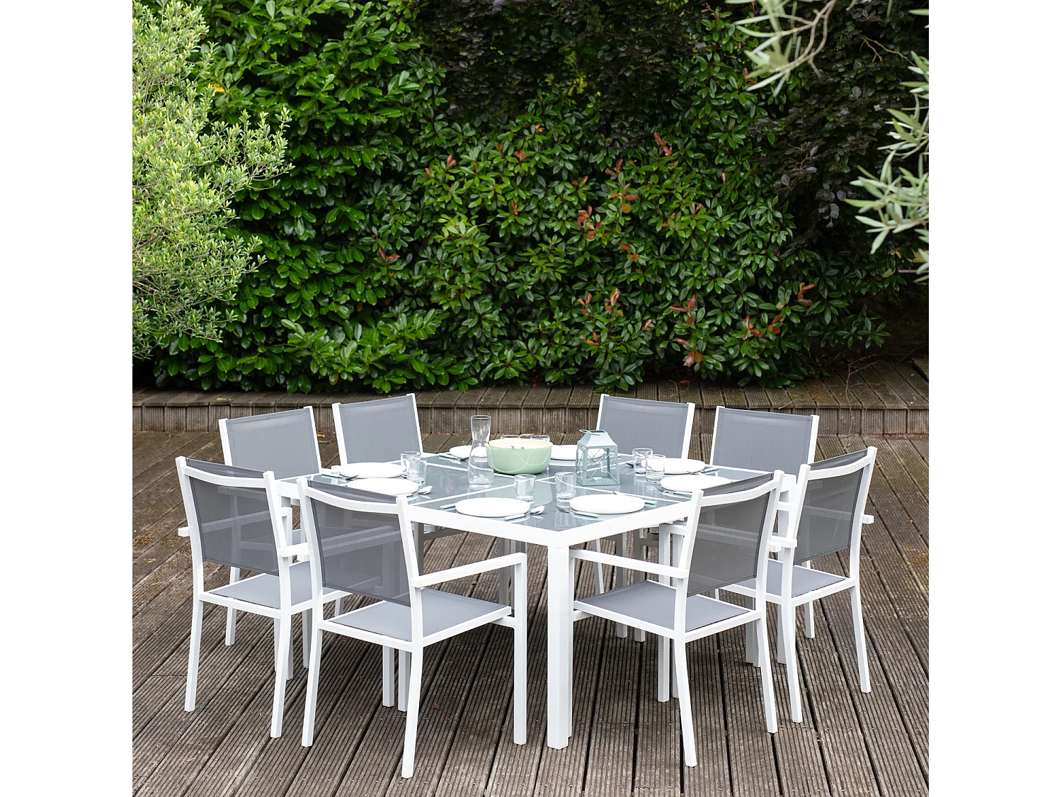 Salon de jardin CAGLIARI en textilène gris 8 places - aluminium blanc - HAPPY GARDEN