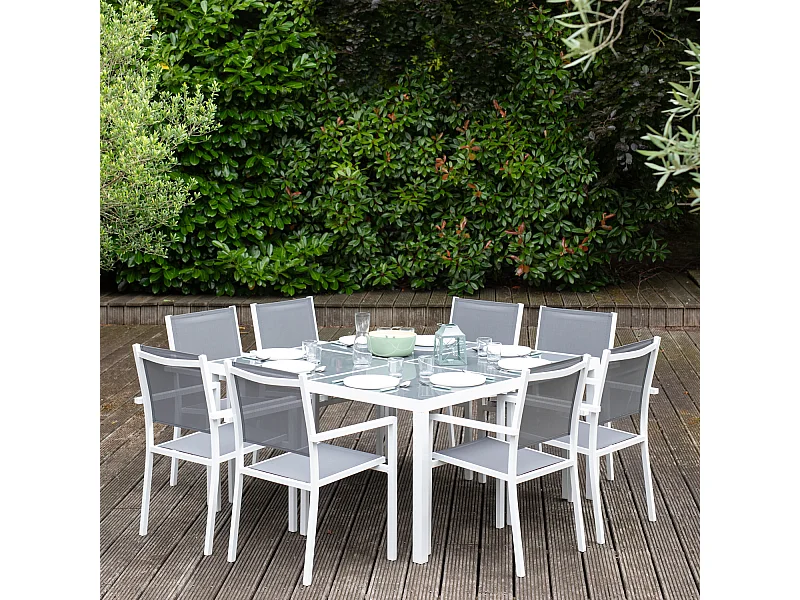 CAGLIARI set di mobili da giardino in textilene grigio 8 posti - alluminio bianco