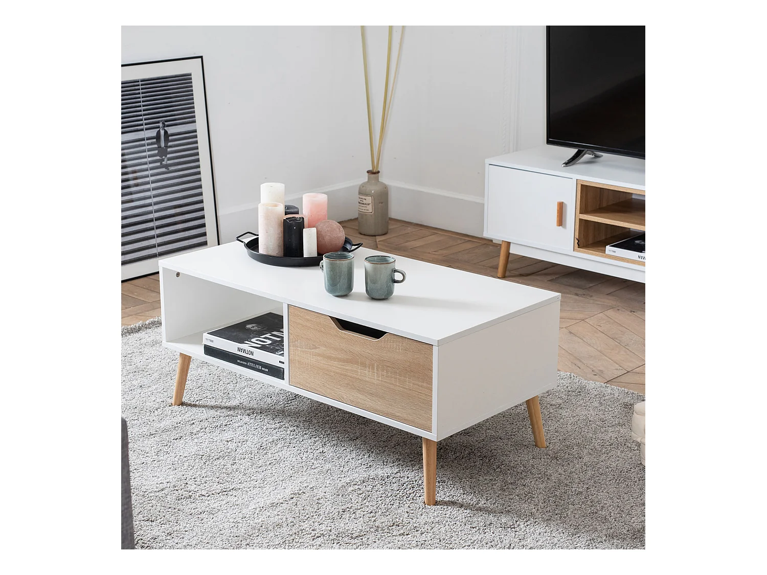 Table basse avec tiroir style scandinave blanche FREJA - HAPPY GARDEN