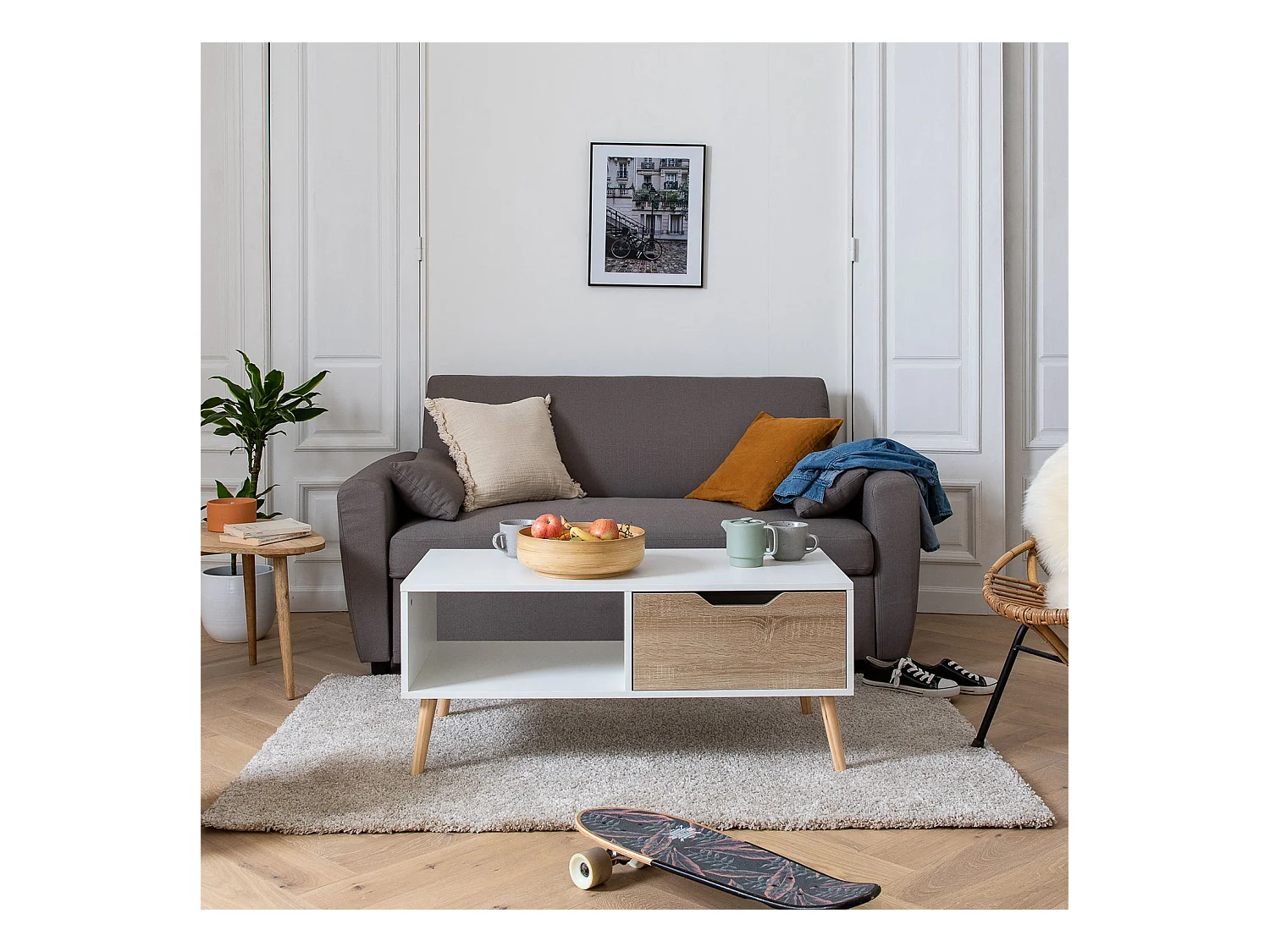 Table basse avec tiroir style scandinave blanche FREJA - HAPPY GARDEN