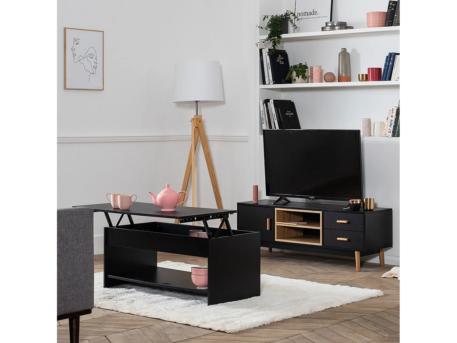 Table basse avec plateau relevable noire HEDDA - HAPPY GARDEN