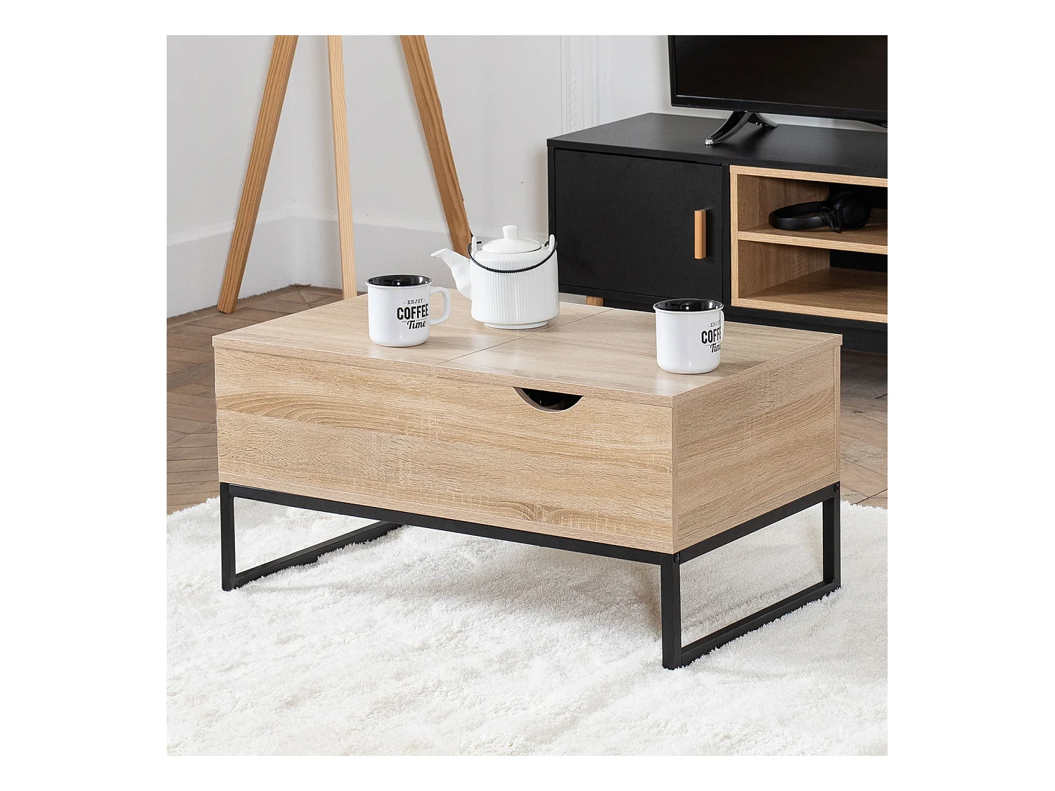 Table basse avec plateaux relevables noire et bois LOTTA - HAPPY GARDEN
