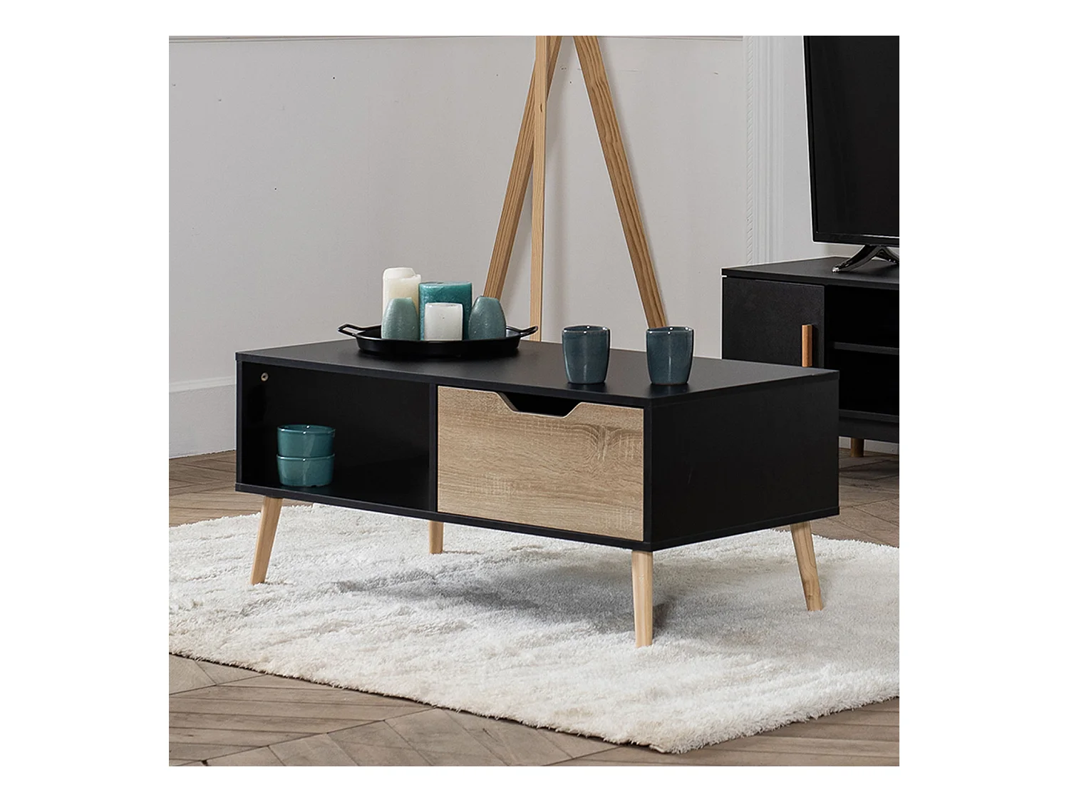 Table basse avec tiroir style scandinave noire FREJA - HAPPY GARDEN