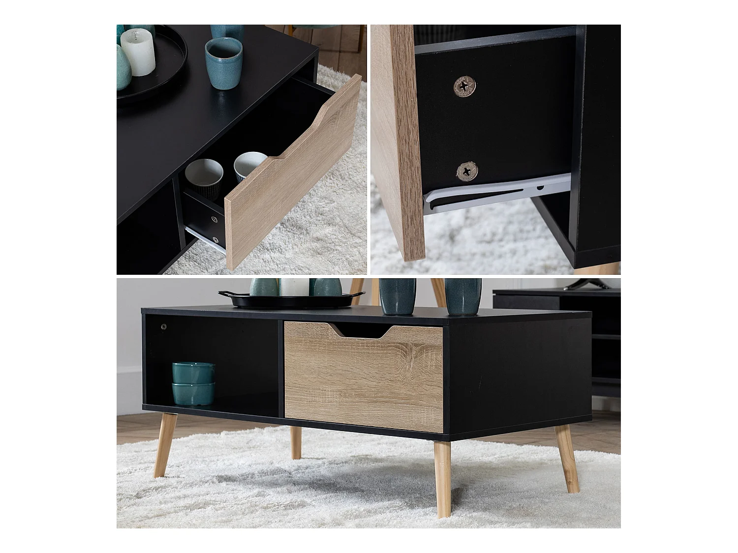FREJA zwarte salontafel in scandinavische stijl met lade