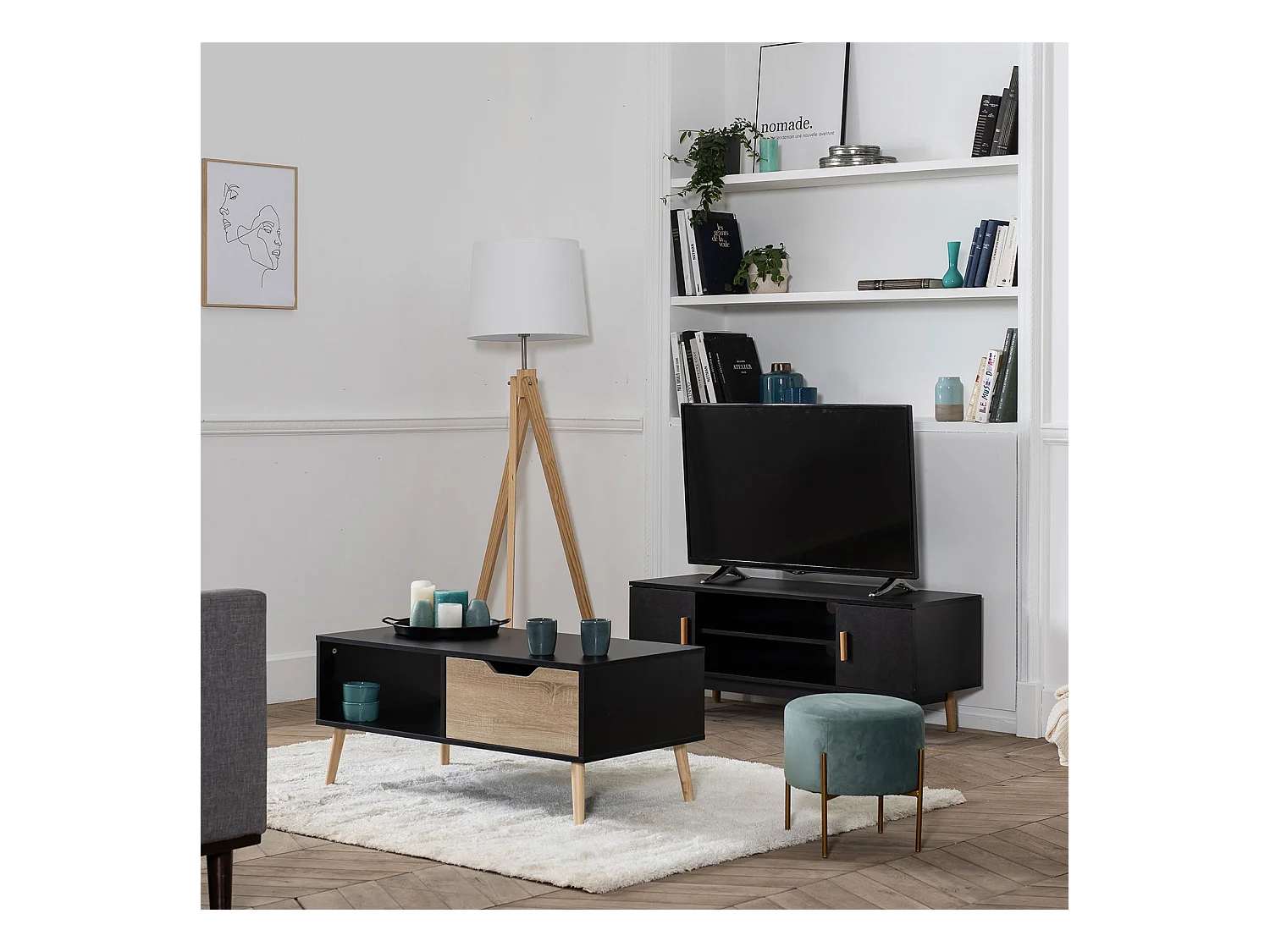 FREJA zwarte salontafel in scandinavische stijl met lade