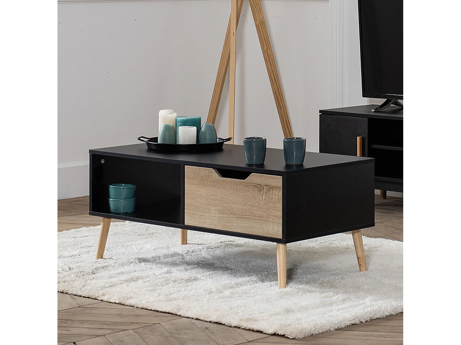 Table basse avec tiroir style scandinave noire FREJA - HAPPY GARDEN